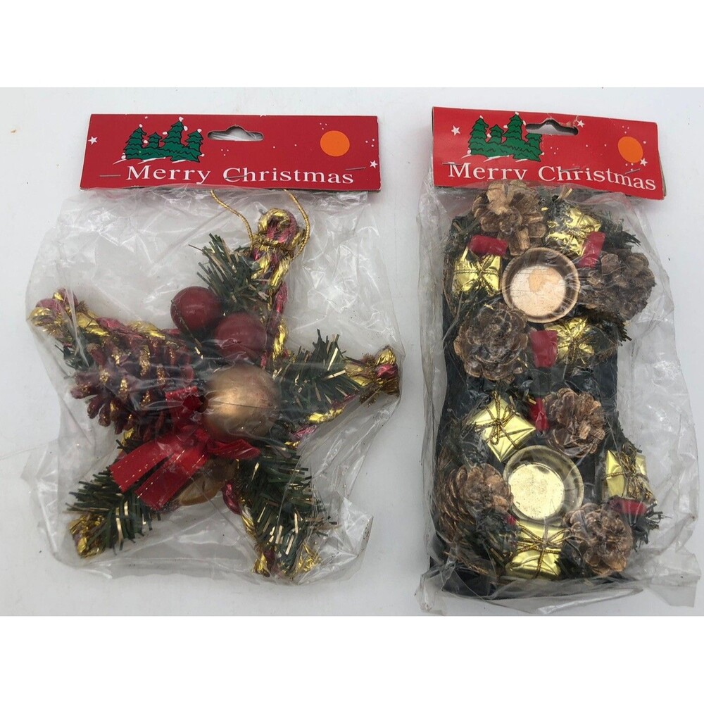 Lot of 2 Vintage Christmas Decorations, candle holder, star Merry Christmas